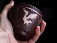 《松鶴對杯》宜興紫砂壺紫泥全手工茶壺茶具